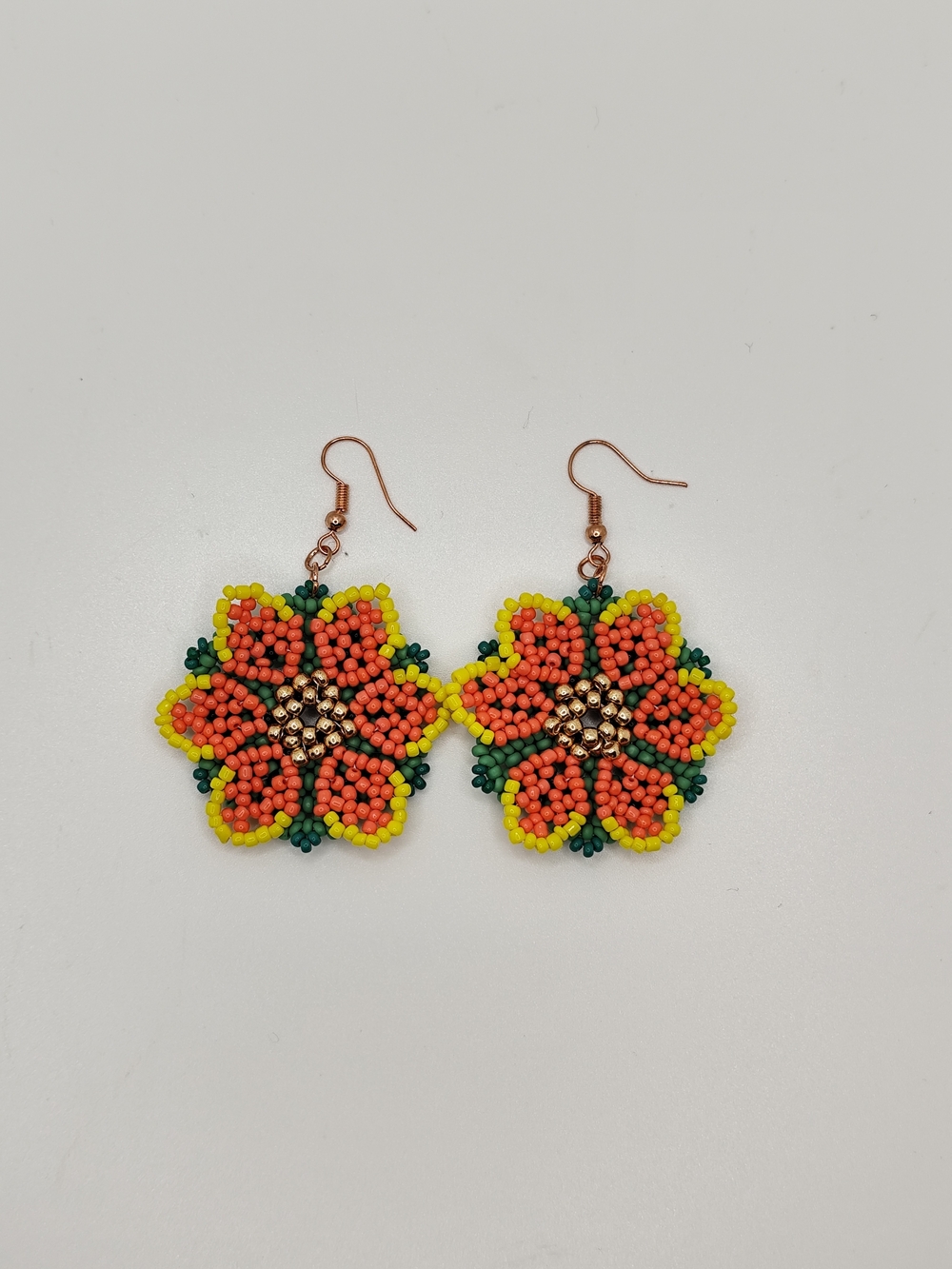 Handmade Floral Beaded Drop Earrings - Yellow, Coral & Green